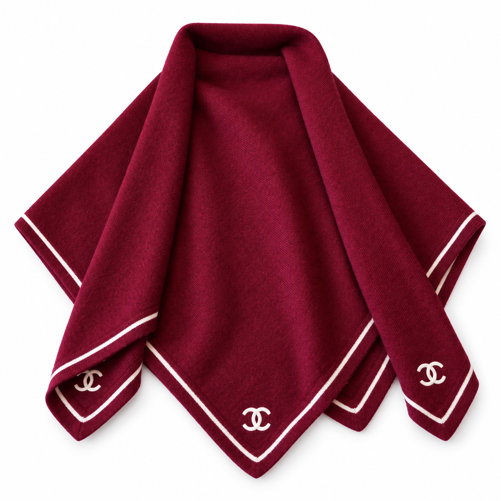 Chanel Style Contrast-Border Logo Scarf in Burgundy