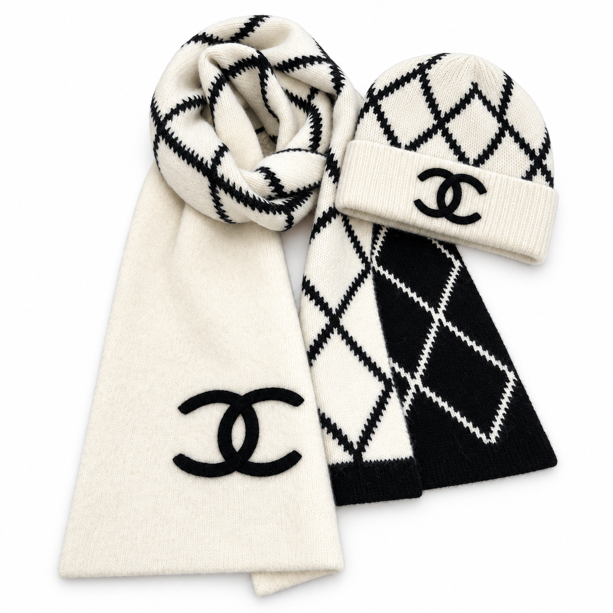 Chanel Style Reversible Diamond Logo Scarf in Ivory and Black