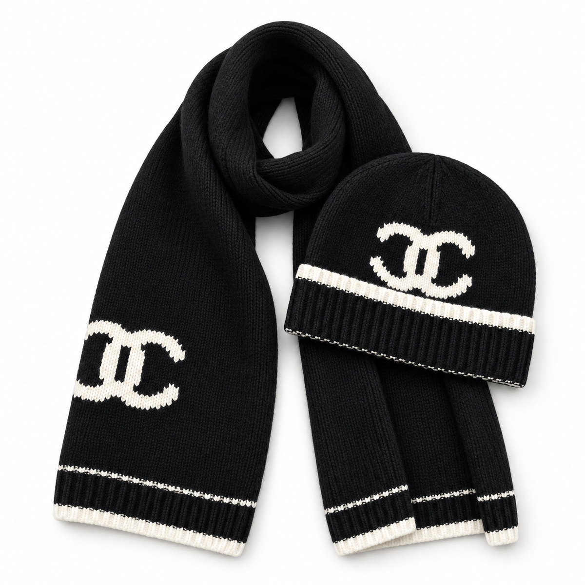 Chanel Style Logo Knit Scarf and Beanie Set in Black