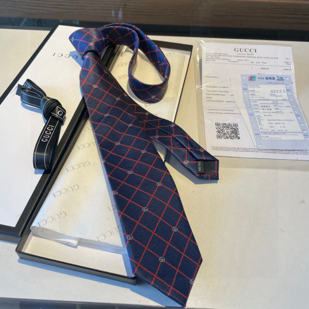 Gucci Style Men's Geometric Jacquard Silk Tie - Detail Image 2