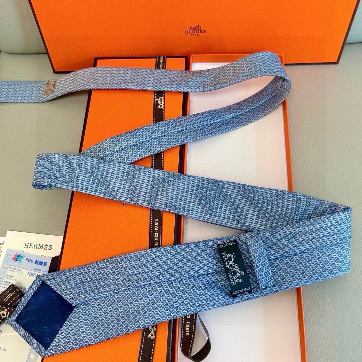 Hermes Style Men's Textured Basketweave Silk Tie - Detail Image 8