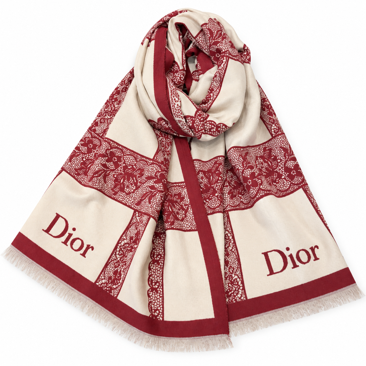 Dior Style Toile Fringe Scarf in Burgundy