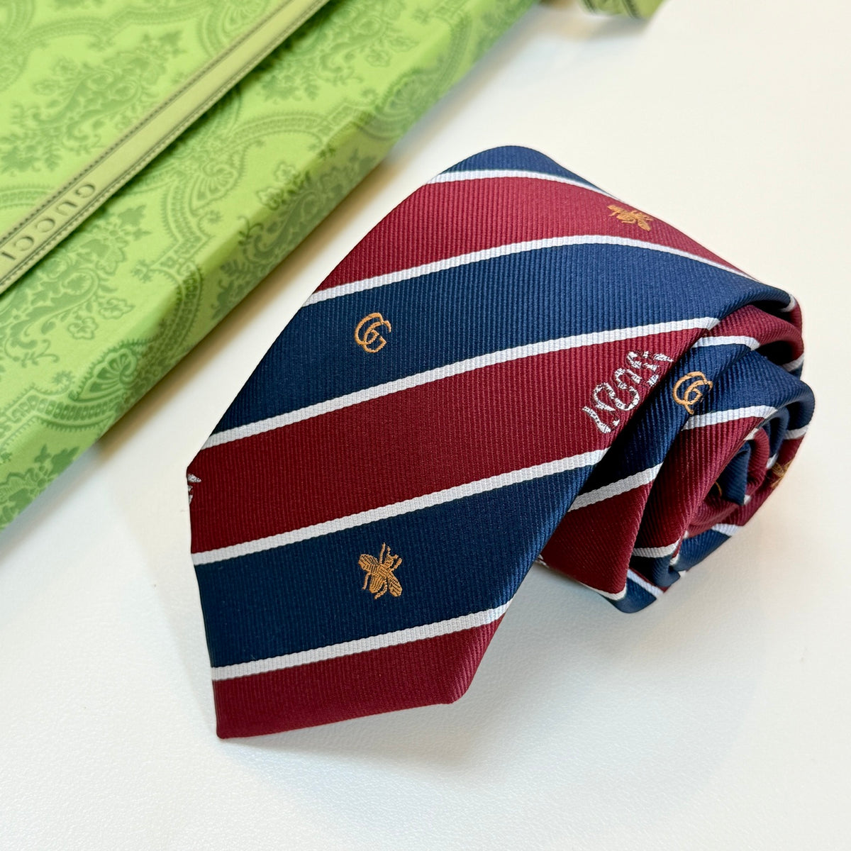 Gucci Style Men's Equestrian Stripe Silk Tie - Detail Image 6