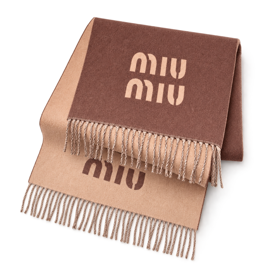 Miu Miu Style Oversized Logo Fringe Scarf in Brown