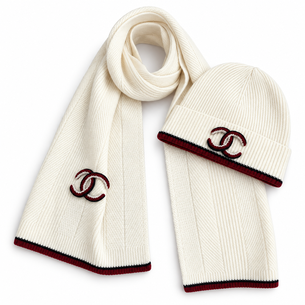 Chanel Style Ivory Rib-Knit Scarf and Beanie Set in Ivory