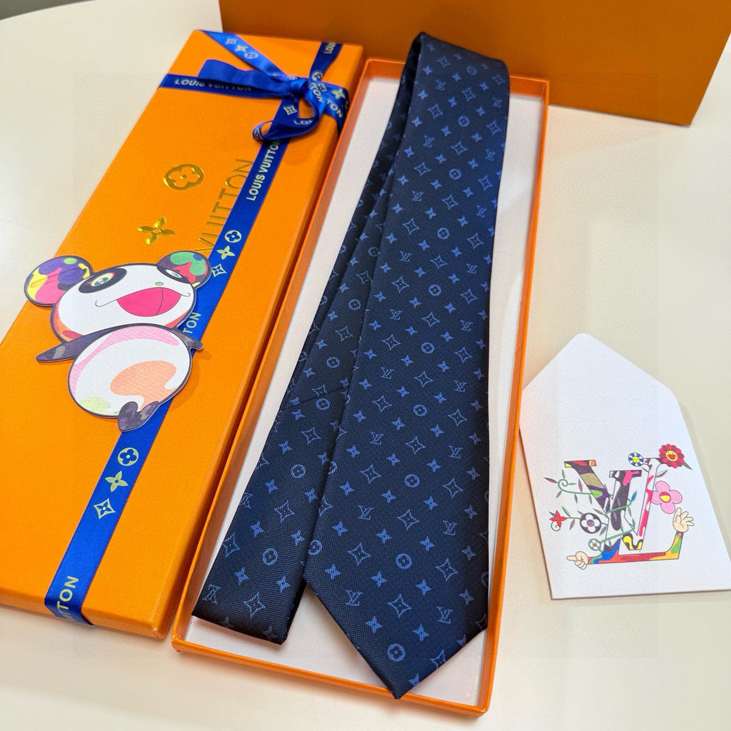 Louis Vuitton Style Men's Monogram Micro Pattern Silk Tie - Detail Image 6