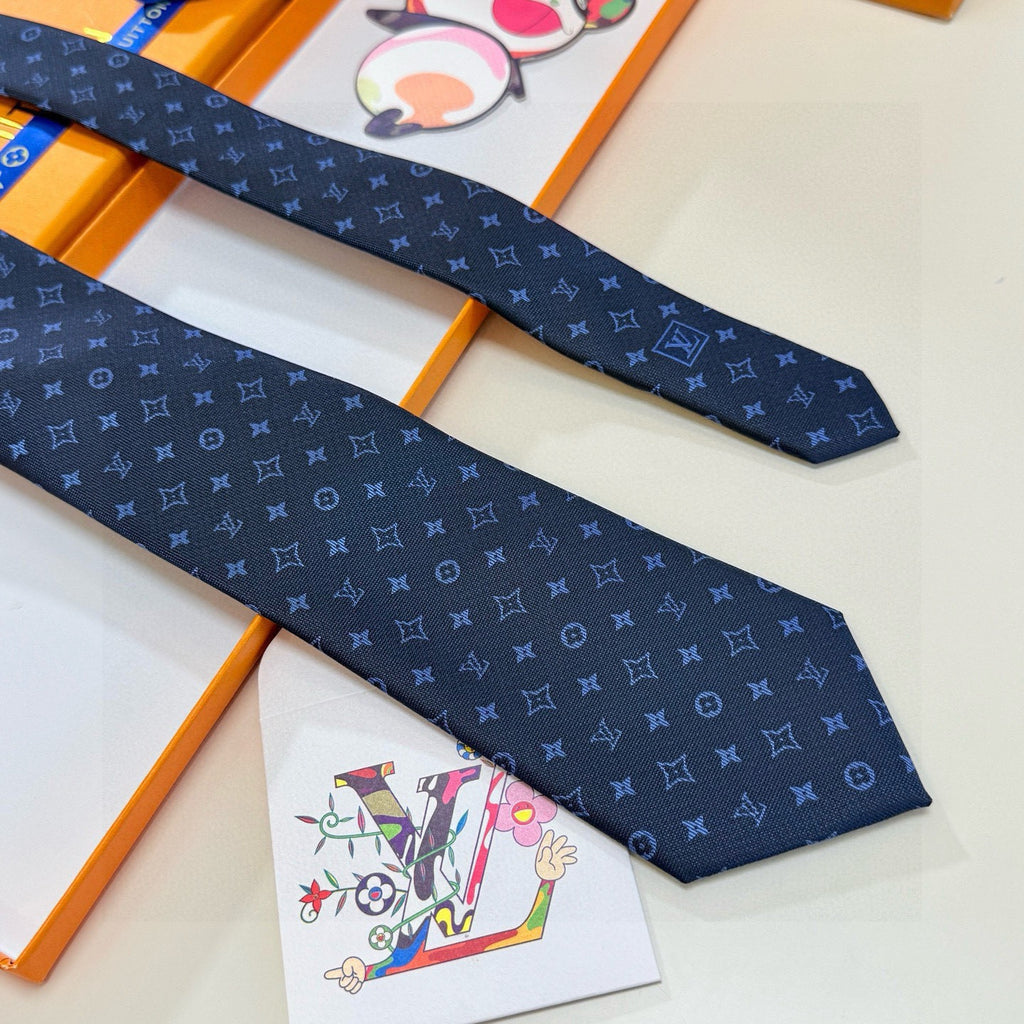 Louis Vuitton Style Men's Monogram Micro Pattern Silk Tie - Detail Image 8