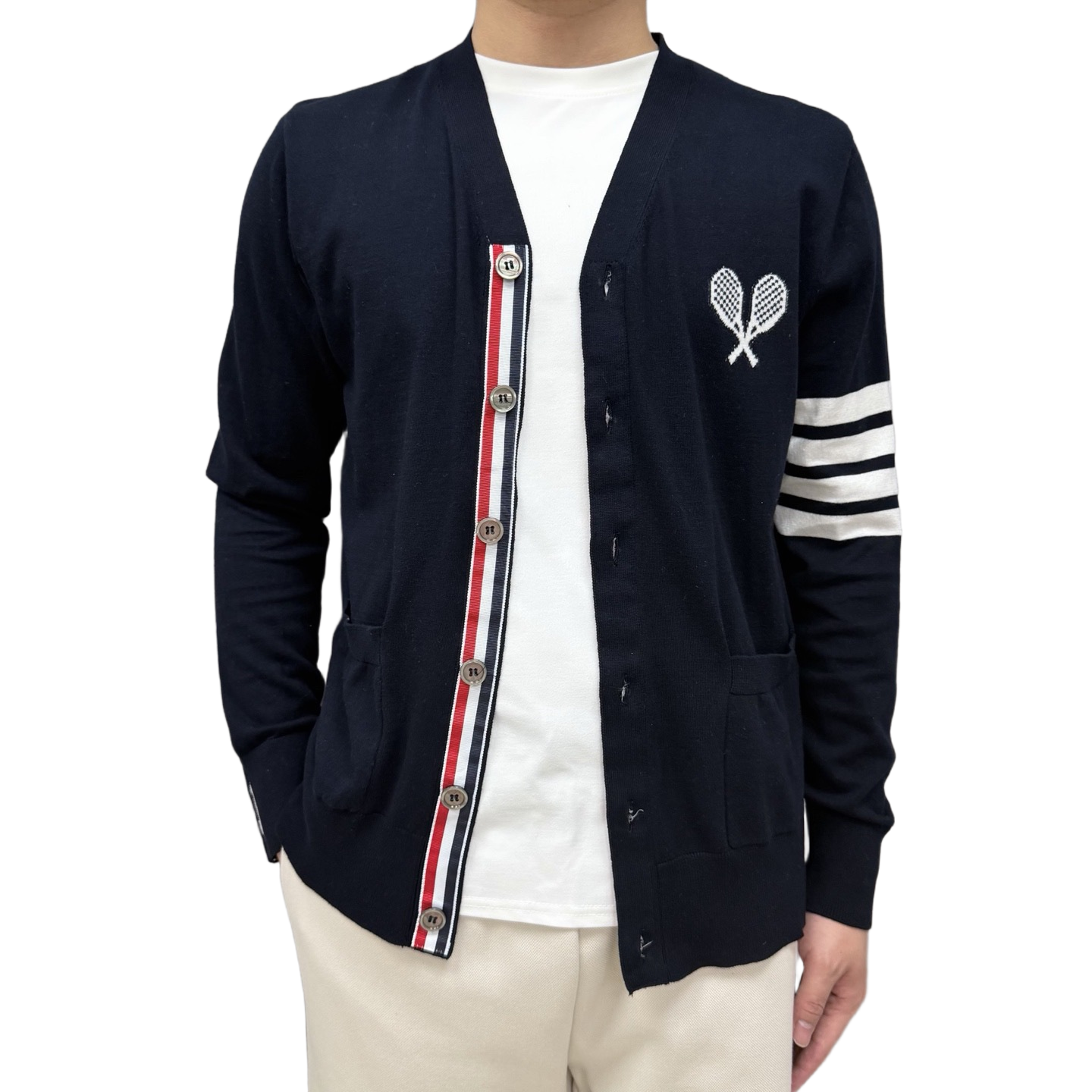 Tennis Racket Jacquard V-Neck Knit Cardigan THOM TREND