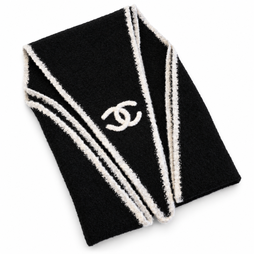 Chanel Style Fuzzy Triangle Knit Scarf in Black and Ivory