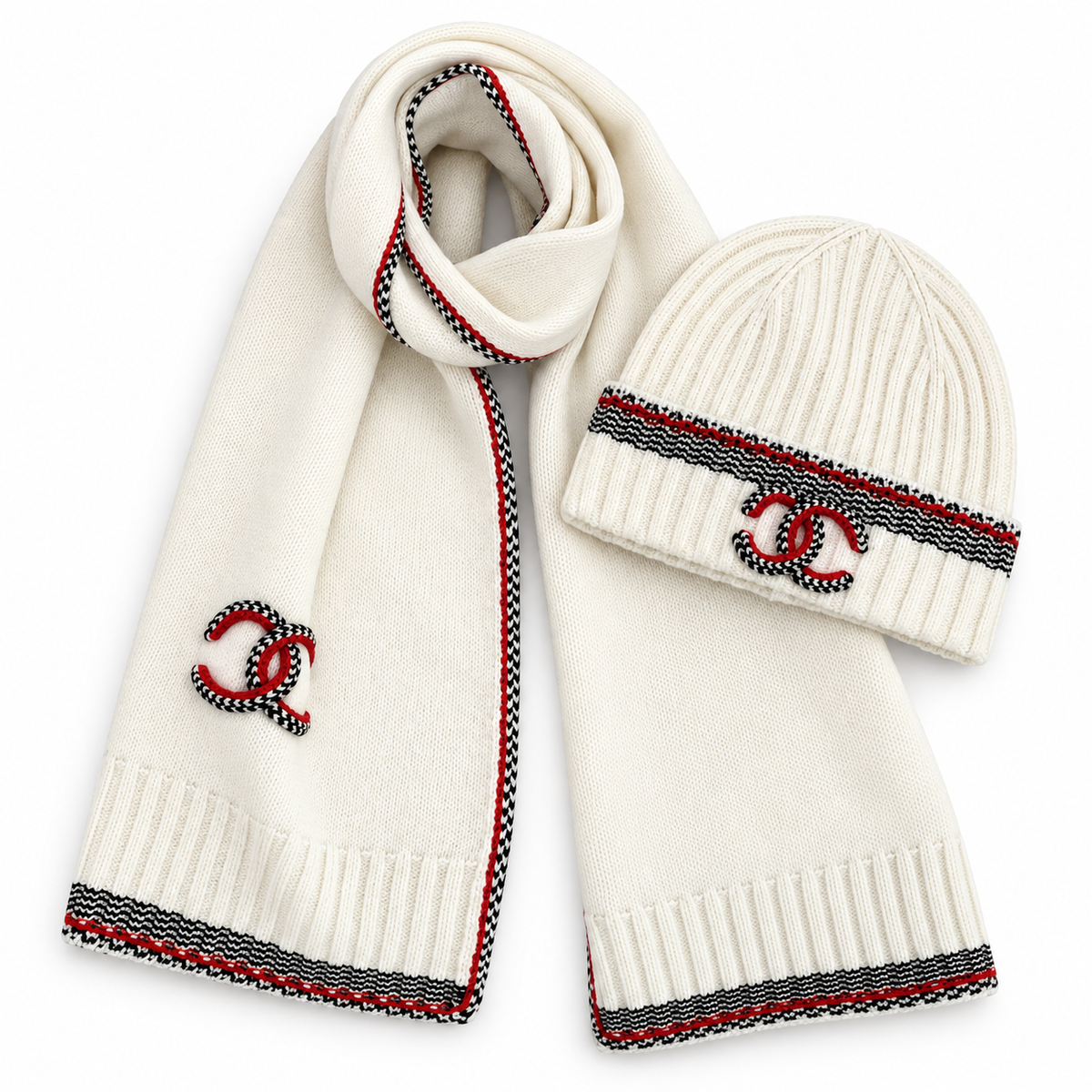 Chanel Style Contrast-Trim Scarf and Beanie Set in Ivory