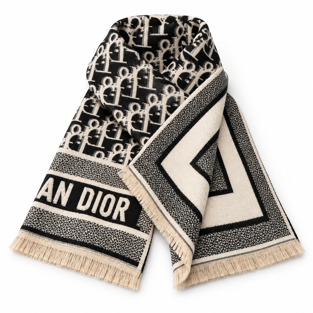 Dior Style Geometric Monogram Scarf in Black and Ivory