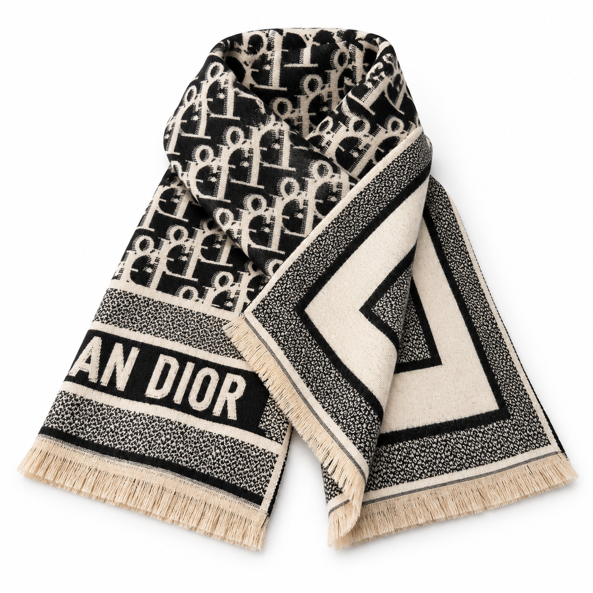 Dior Style Geometric Monogram Scarf in Black and Ivory