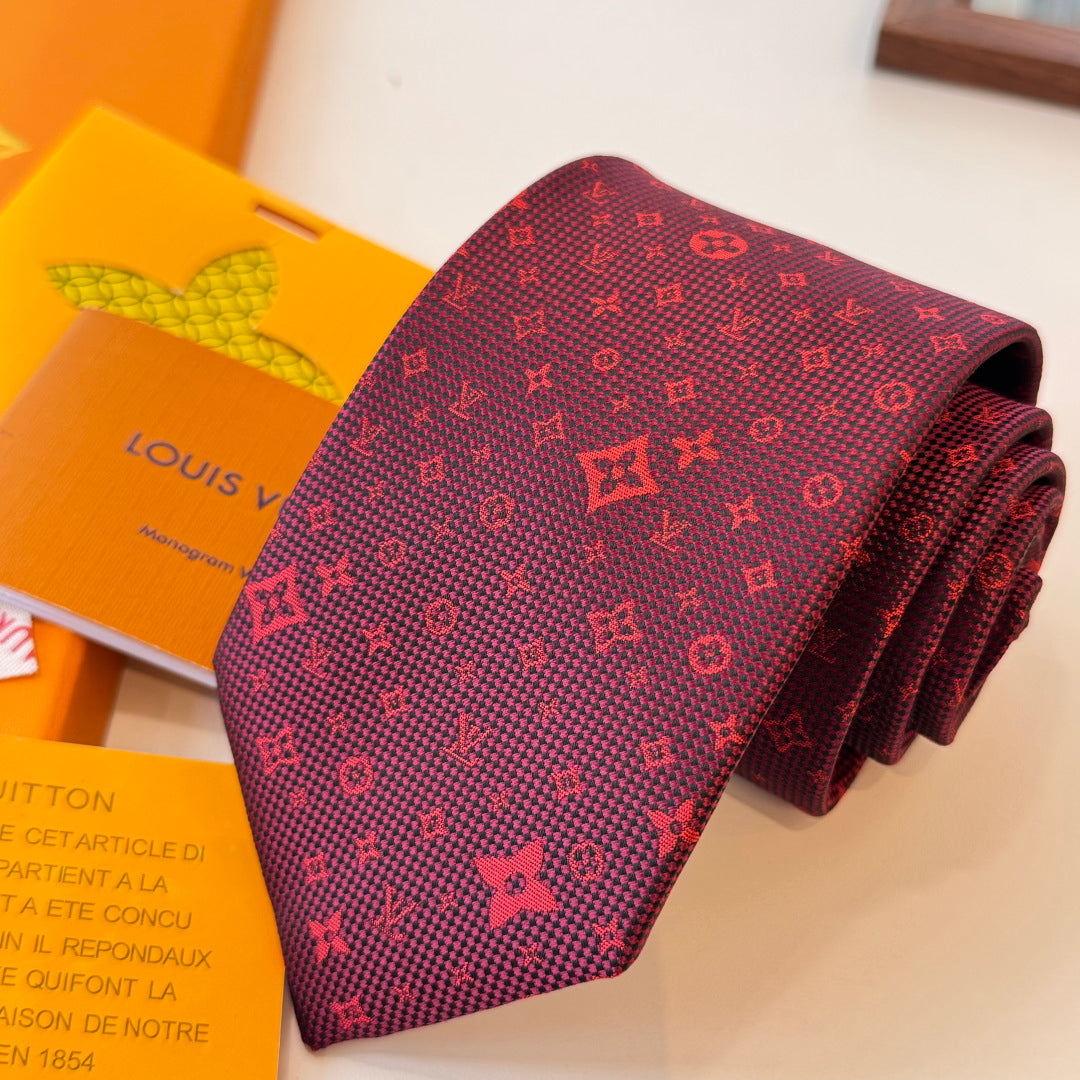 Louis Vuitton Style Men's Monogram Flower Silk Tie - Detail Image 7