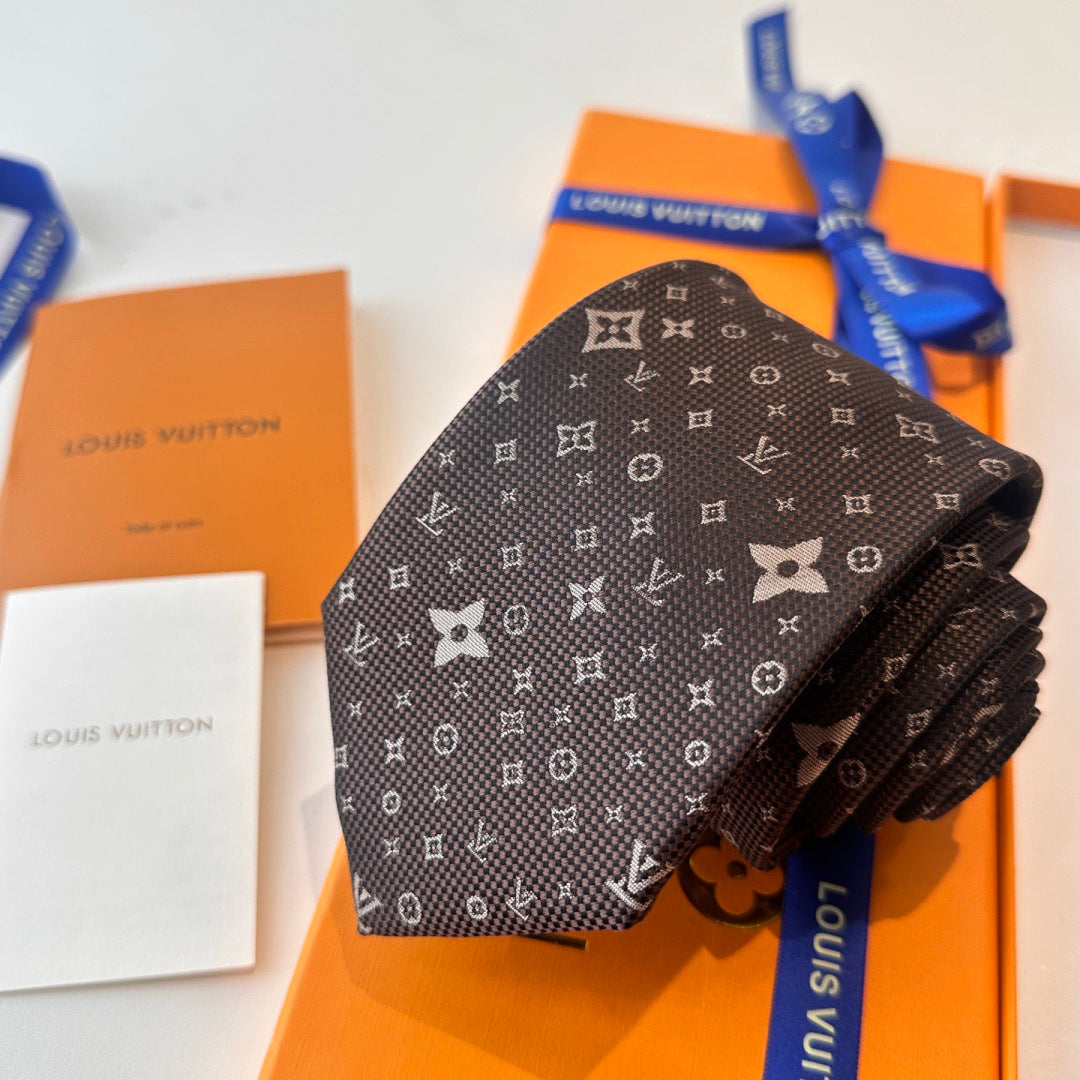 Louis Vuitton Style Men's Monogram Flower Silk Tie - Detail Image 8