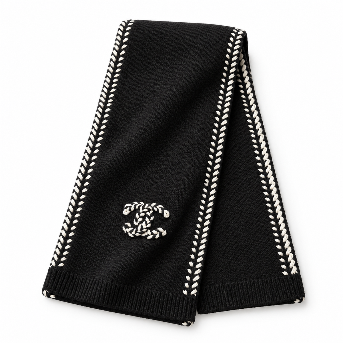 Chanel Style Contrast-Edge Knit Scarf in Black