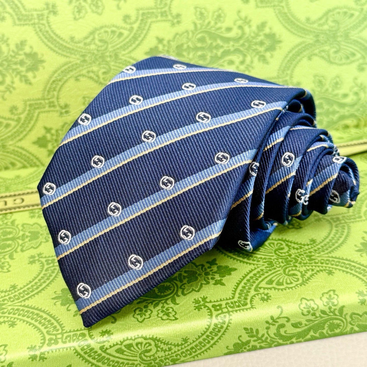 Gucci Style Men's Interlocking G Stripe Silk Tie - Detail Image 2