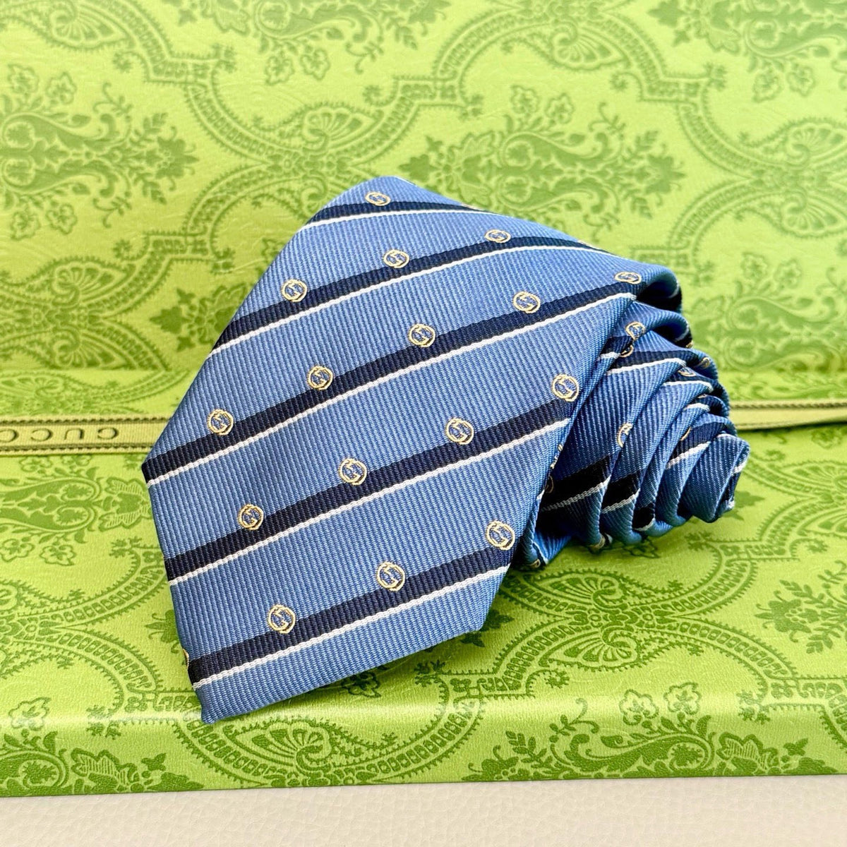 Gucci Style Men's Interlocking G Stripe Silk Tie - Detail Image 3
