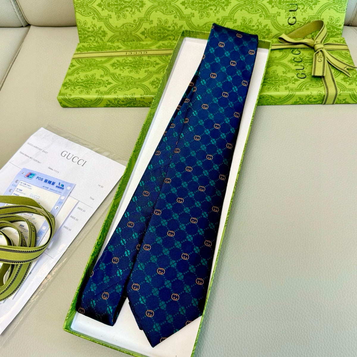Gucci Style Men's Interlocking G Stripe Silk Tie - Detail Image 7