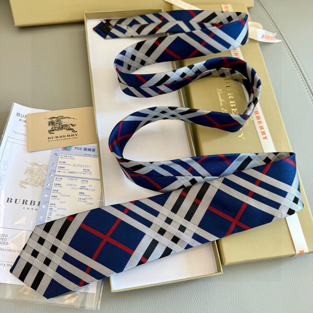 Burberry Style Men's Classic Check Silk Tie - Detail Image 6