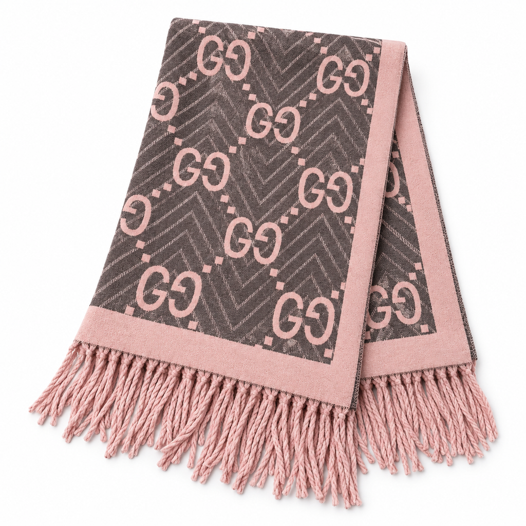 Gucci Style GG Herringbone Fringe Scarf in Pink