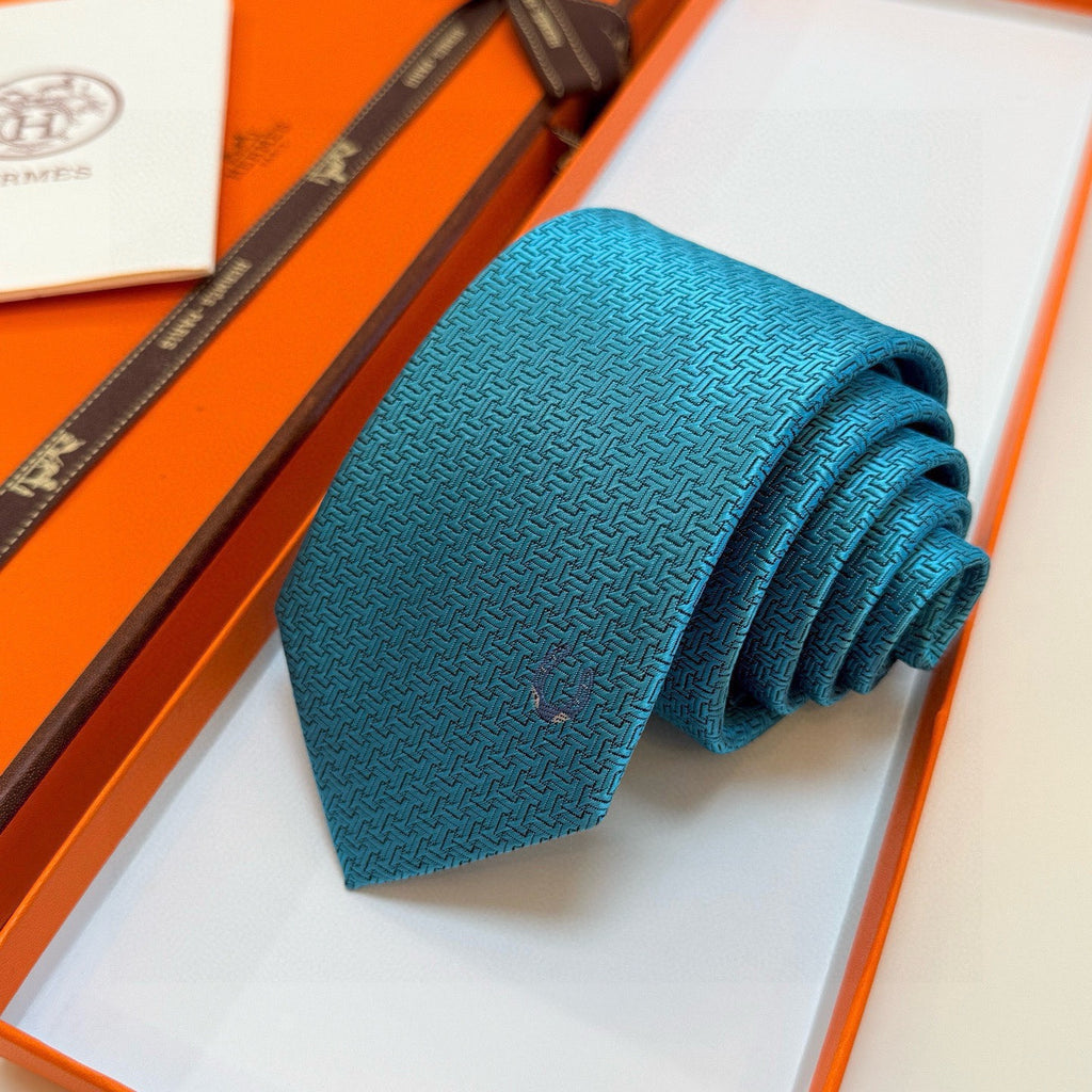 Hermès Style Men's H Logo Textured Silk Tie - Detail Image 2