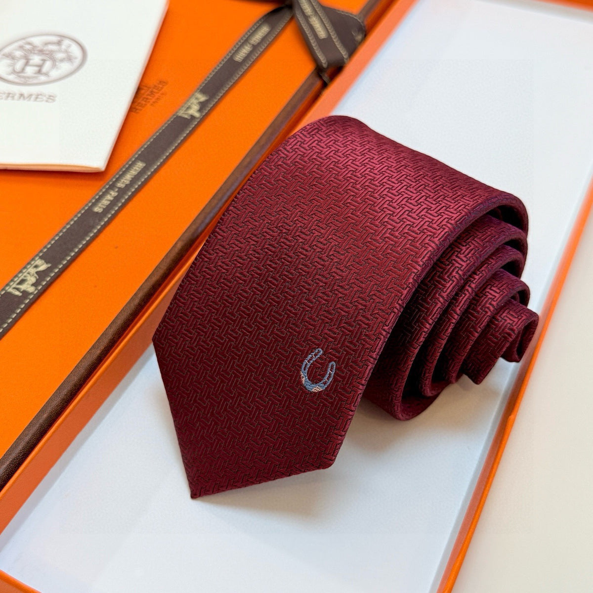 Hermès Style Men's H Logo Textured Silk Tie - Detail Image 6