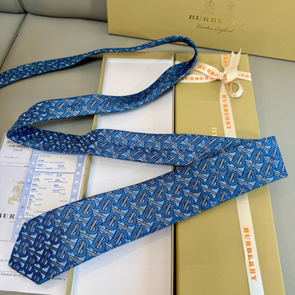 Burberry Style Men's Monogram Pattern Silk Tie - Detail Image 7