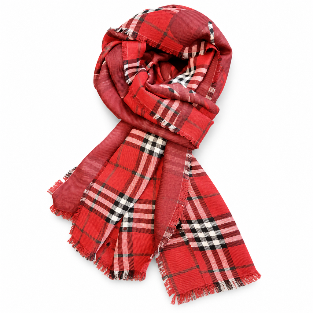 Burberry Style Classic Plaid Fringe Scarf in Red