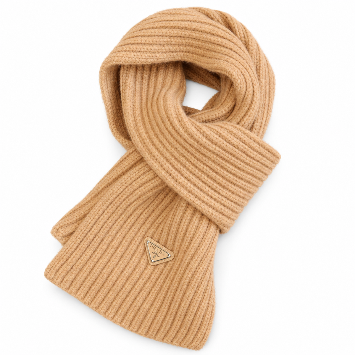 Prada Style Rib-Knit Logo Scarf in Camel