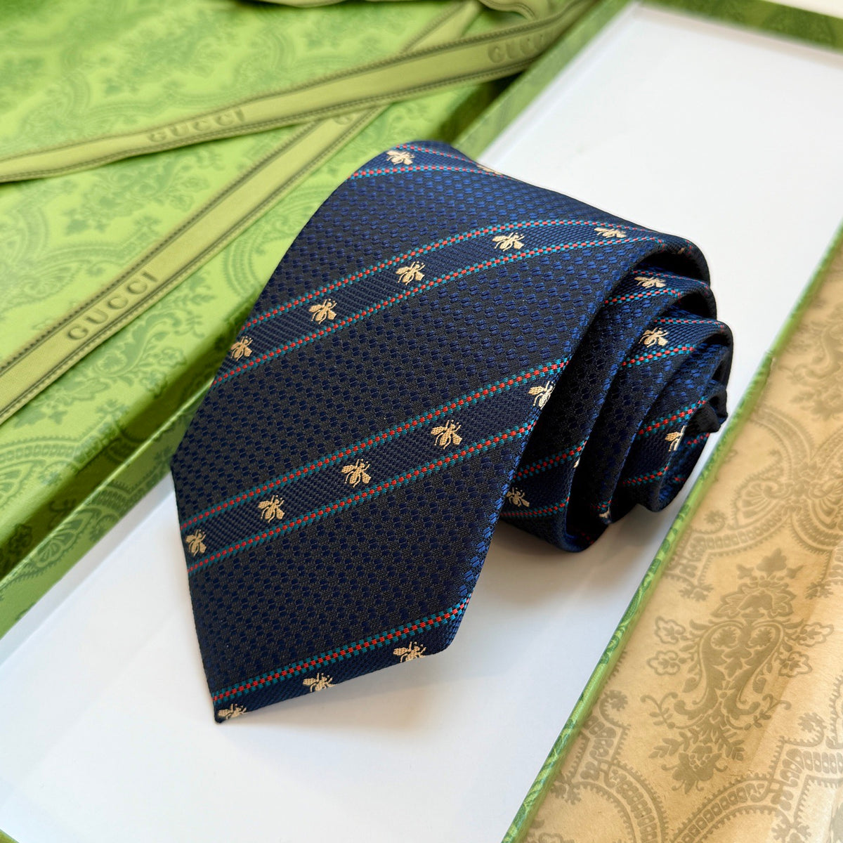 Gucci Style Men's Bee Stripe Jacquard Silk Tie - Detail Image 2