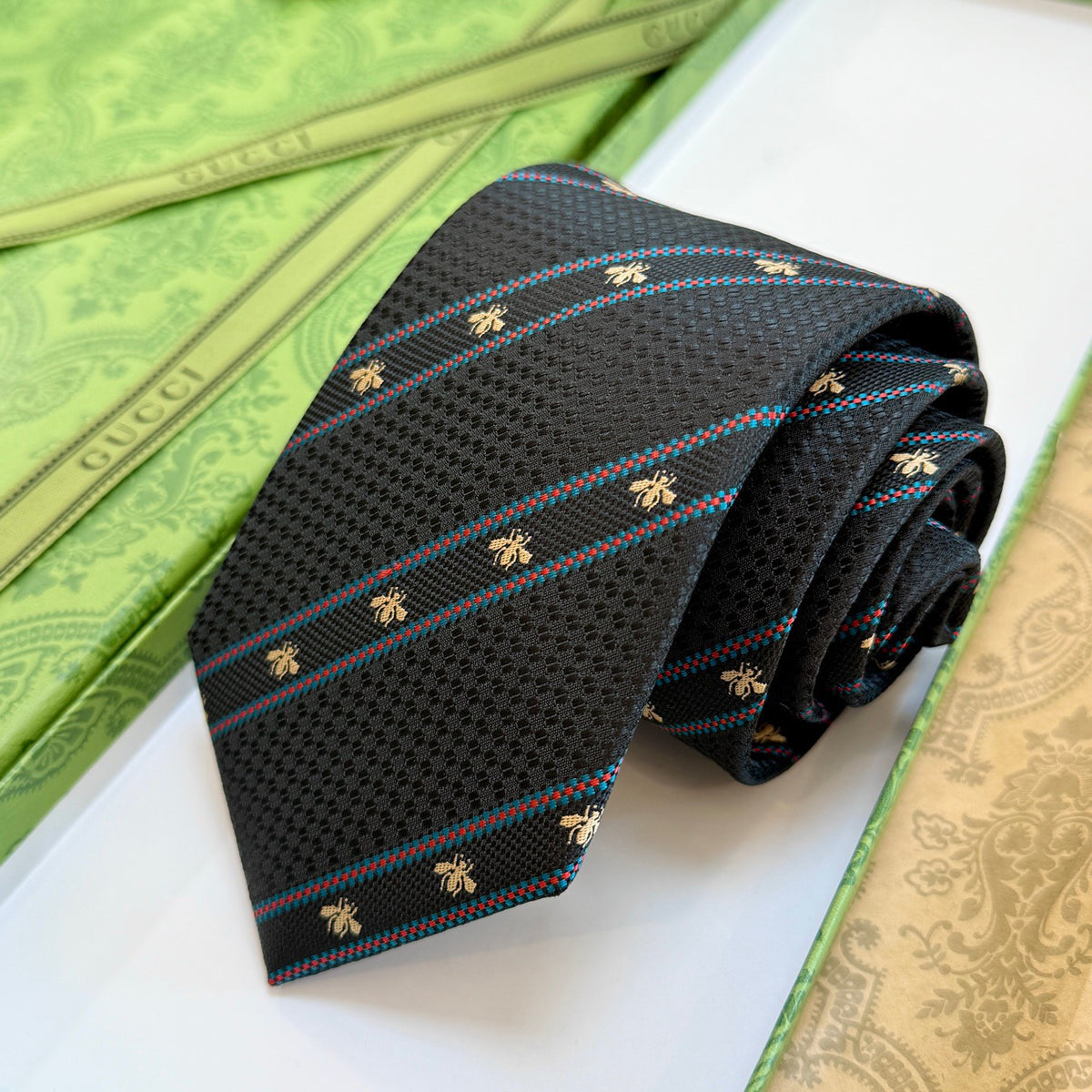 Gucci Style Men's Bee Stripe Jacquard Silk Tie - Detail Image 9