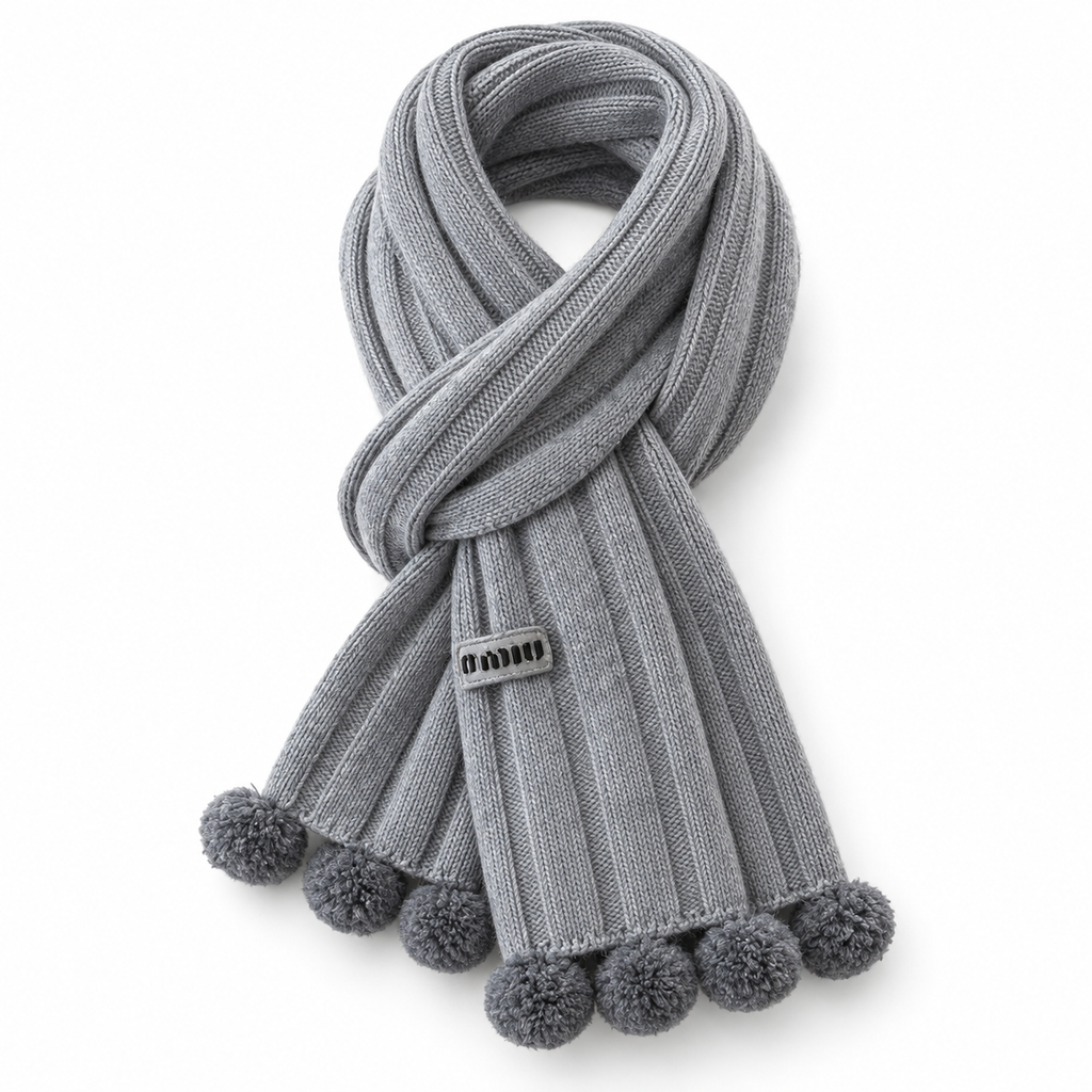 Miu Miu Style Pom-Pom Rib-Knit Scarf in Gray