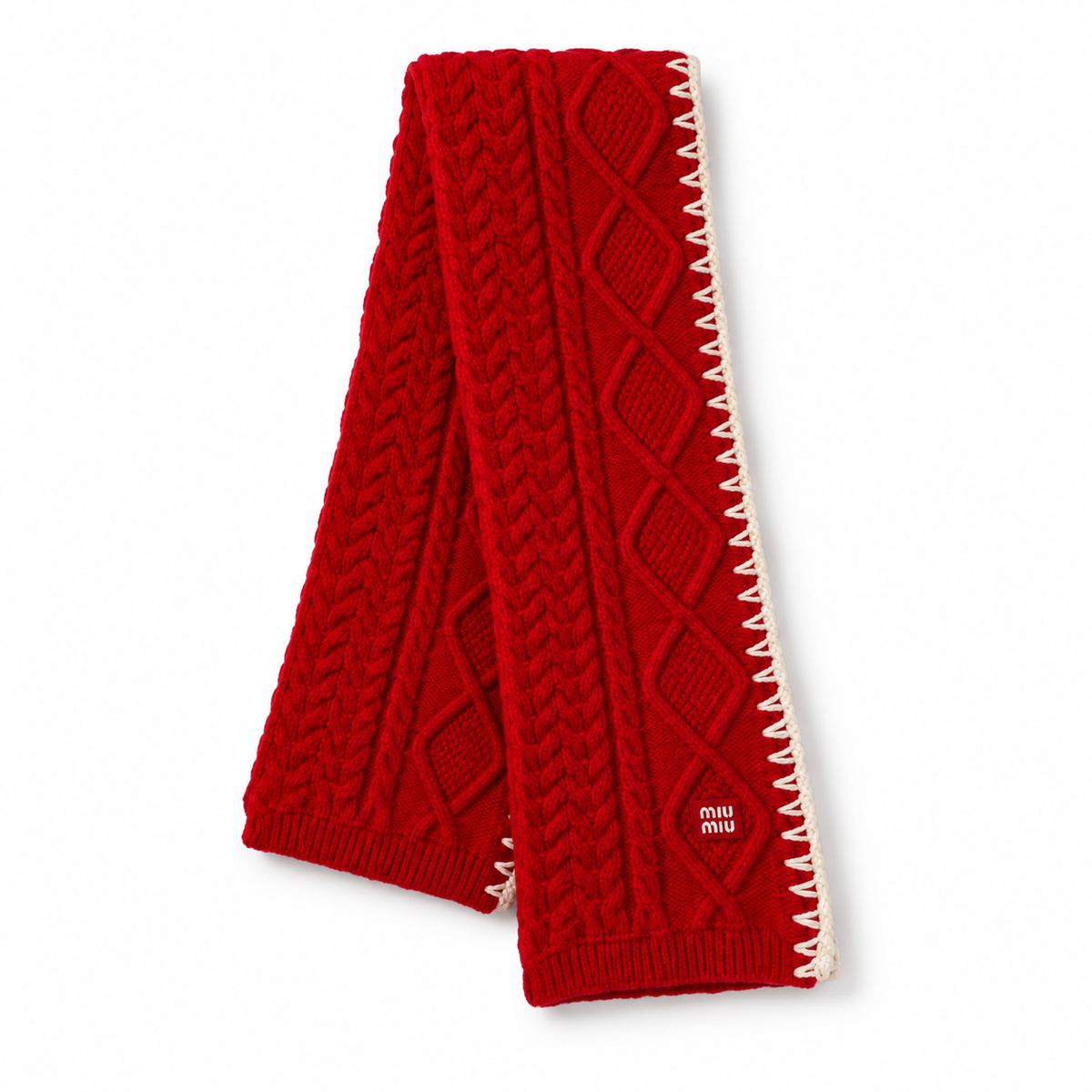 Miu Miu Style Cable-Knit Contrast Stitch Scarf in Red