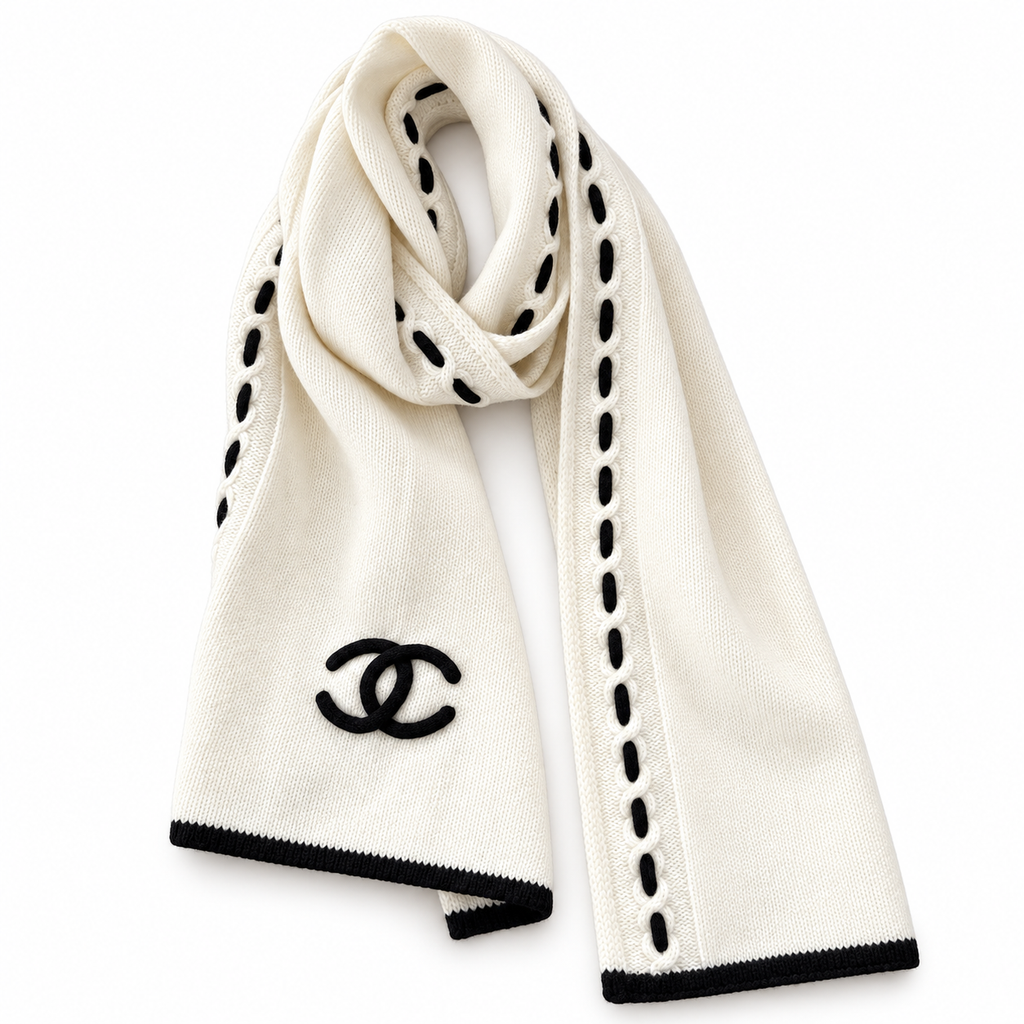 Chanel Style Contrast-Stitch Knit Scarf in Ivory
