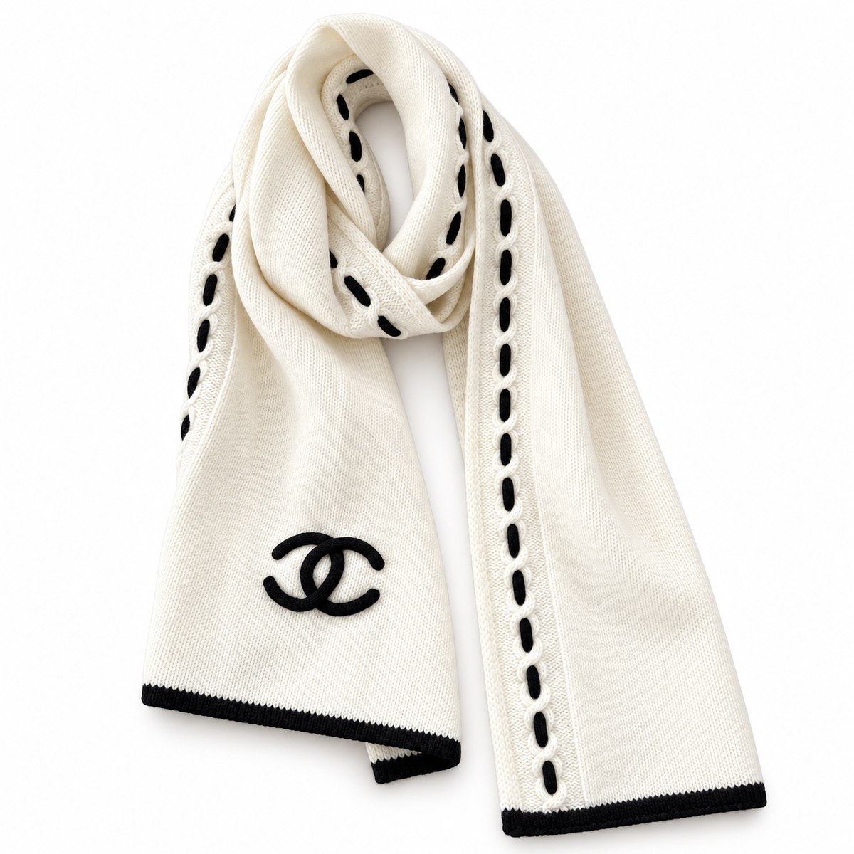 Chanel Style Contrast-Stitch Knit Scarf in Ivory