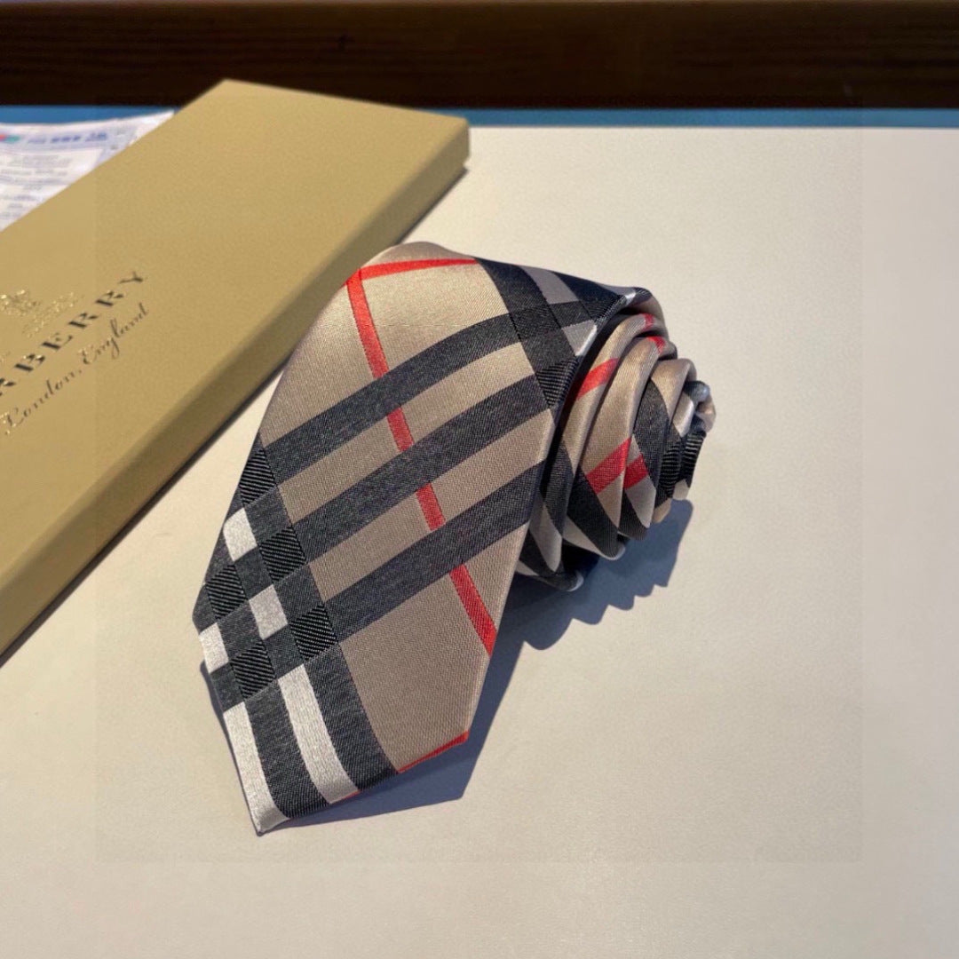 Burberry Style Men's Classic Check Silk Tie - Detail Image 7