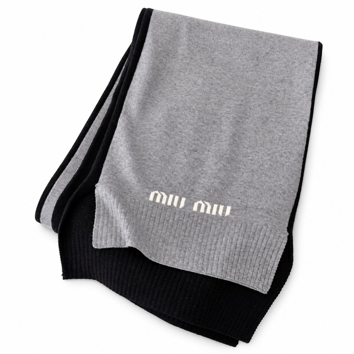 Miu Miu Style Two-Tone Rib-Knit Scarf in Gray