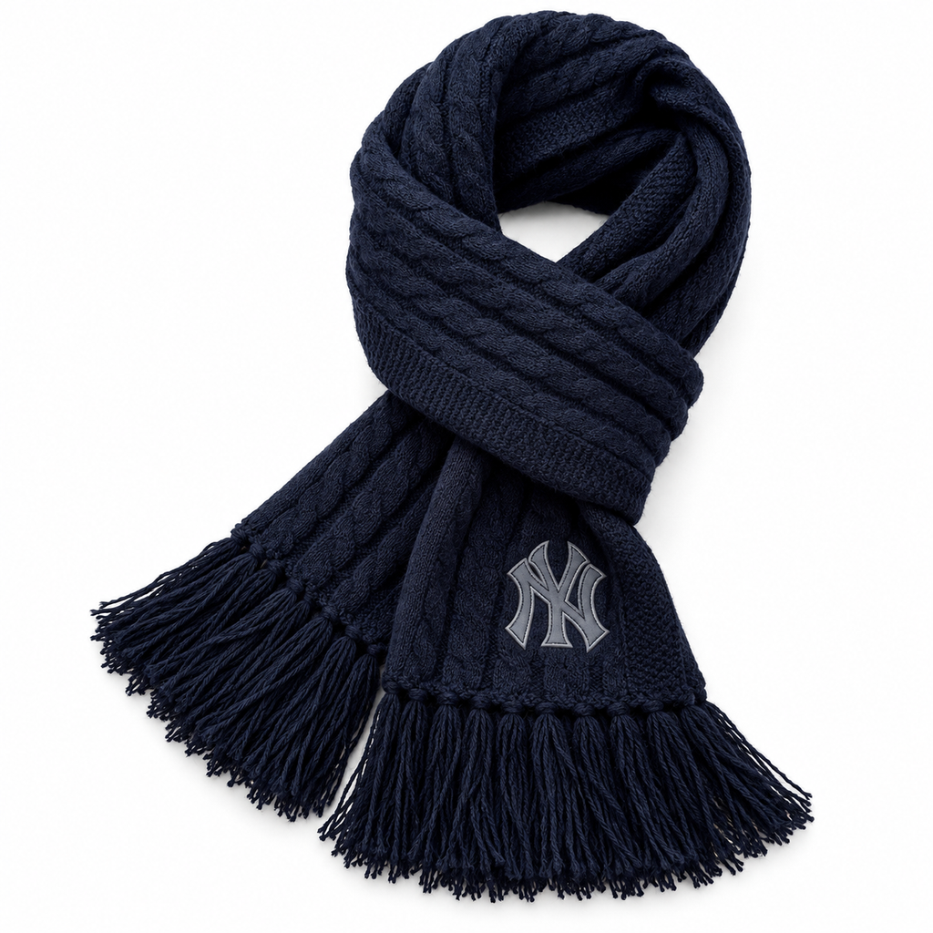 New York Yankees Style Cable-Knit Fringe Scarf in Navy