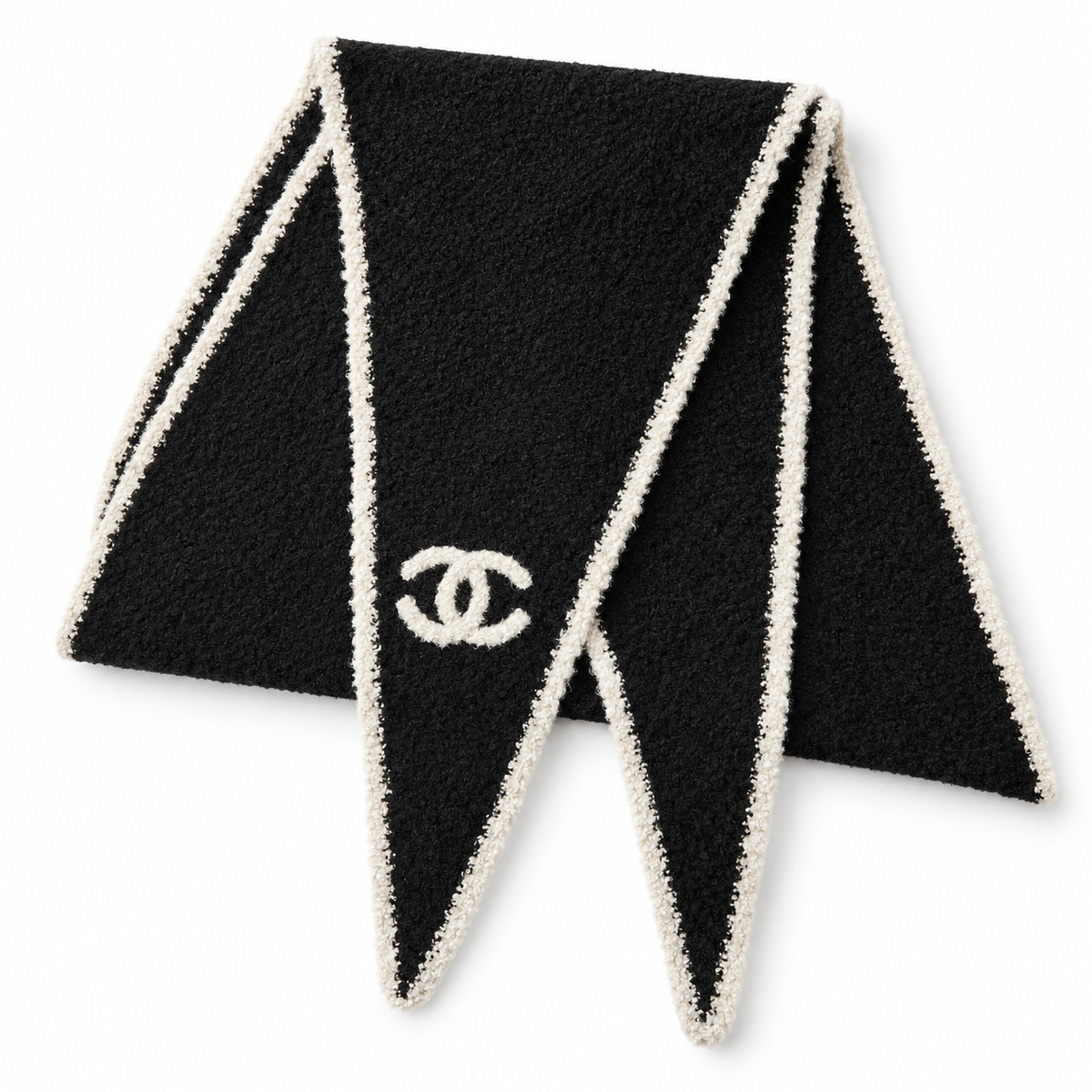 Chanel Style Fuzzy Triangle Logo Scarf in Black and Ivory