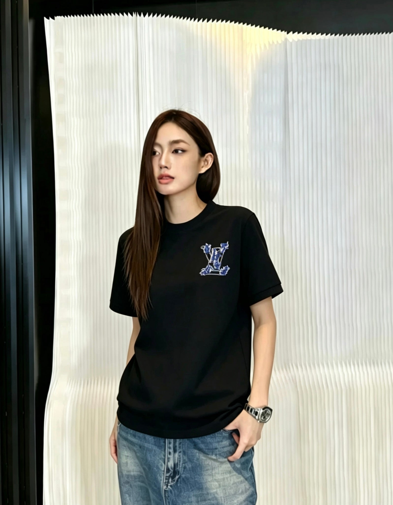 Denim Wash Appliqué Embroidered Short Sleeve Tee