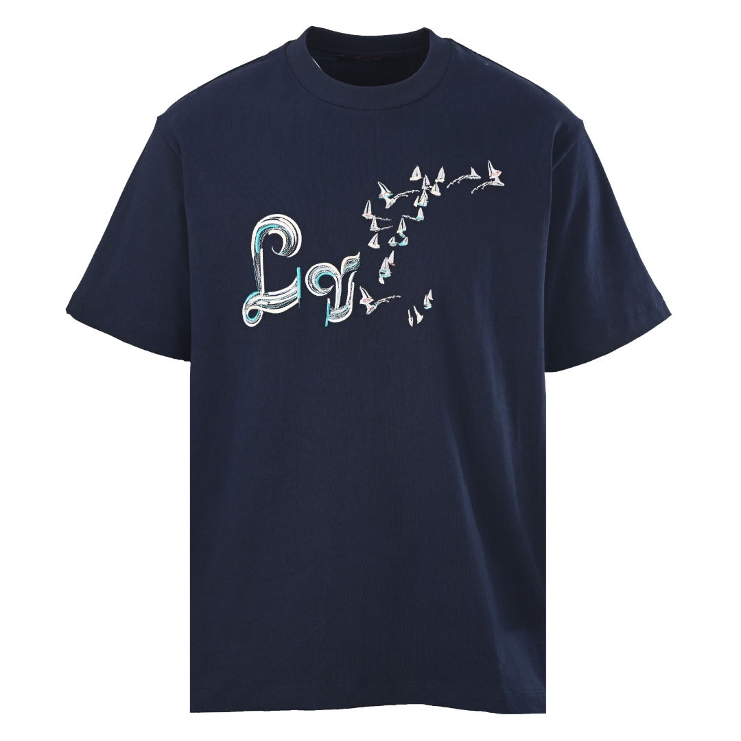 Gradient Color Line Sailboat and Bird Embroidery Short-Sleeve T-Shirt