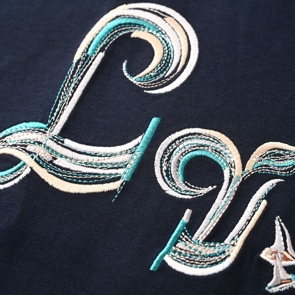 Gradient Color Line Sailboat and Bird Embroidery Short-Sleeve T-Shirt