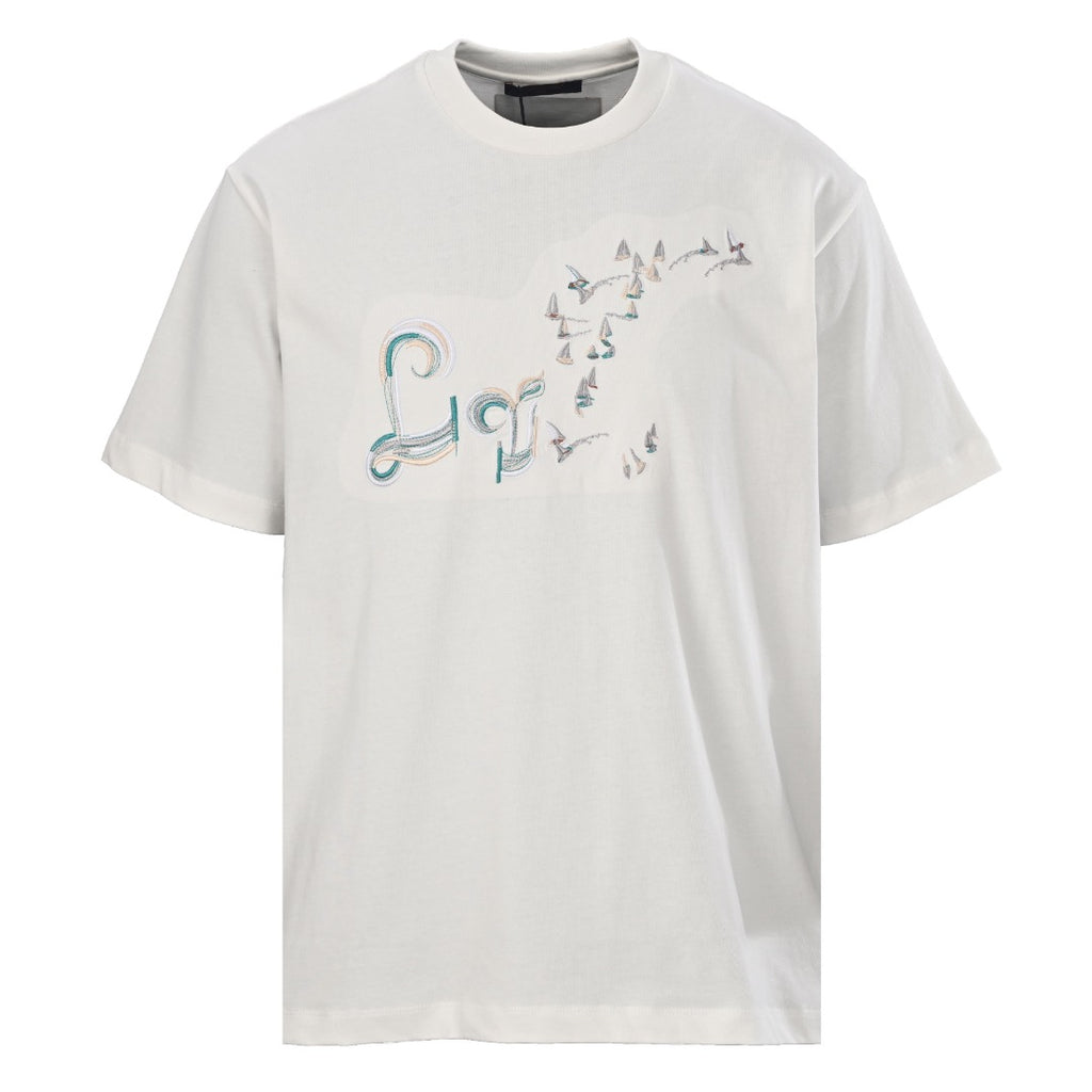 Gradient Color Line Sailboat and Bird Embroidery Short-Sleeve T-Shirt