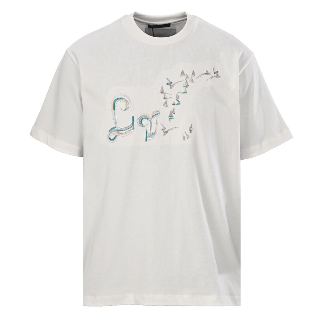 Gradient Color Line Sailboat and Bird Embroidery Short-Sleeve T-Shirt