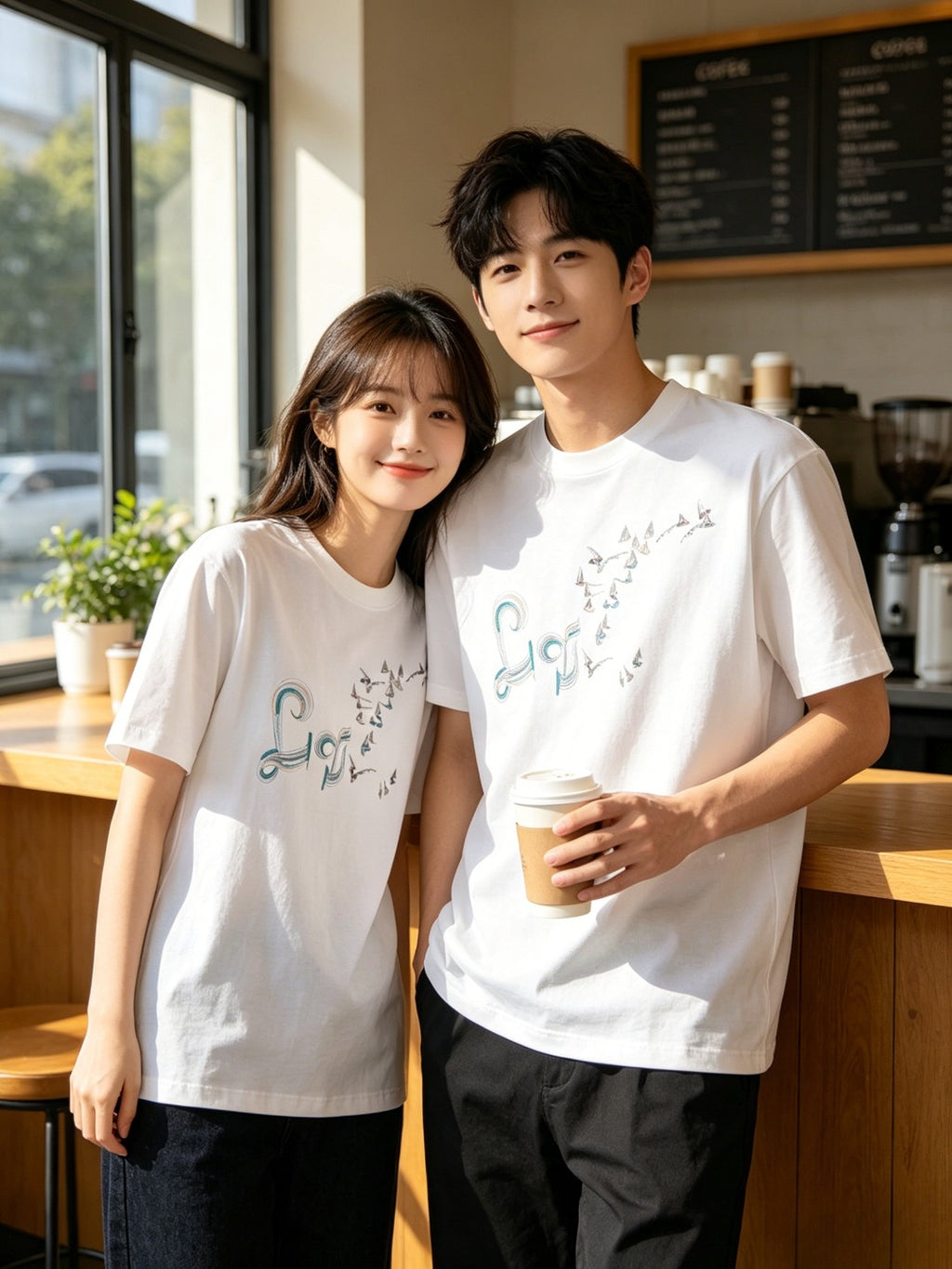Gradient Color Line Sailboat and Bird Embroidery Short-Sleeve T-Shirt
