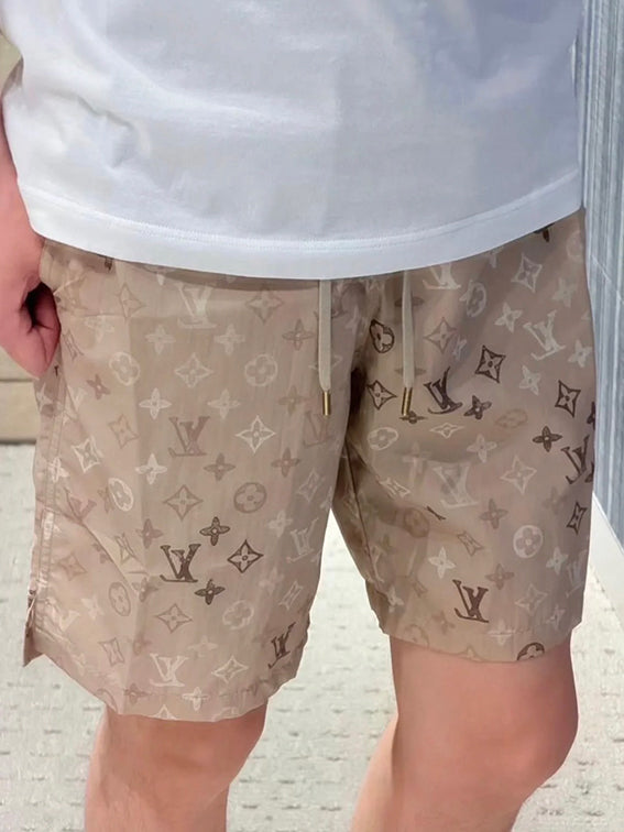 Khaki Allover Monogram Print Shorts