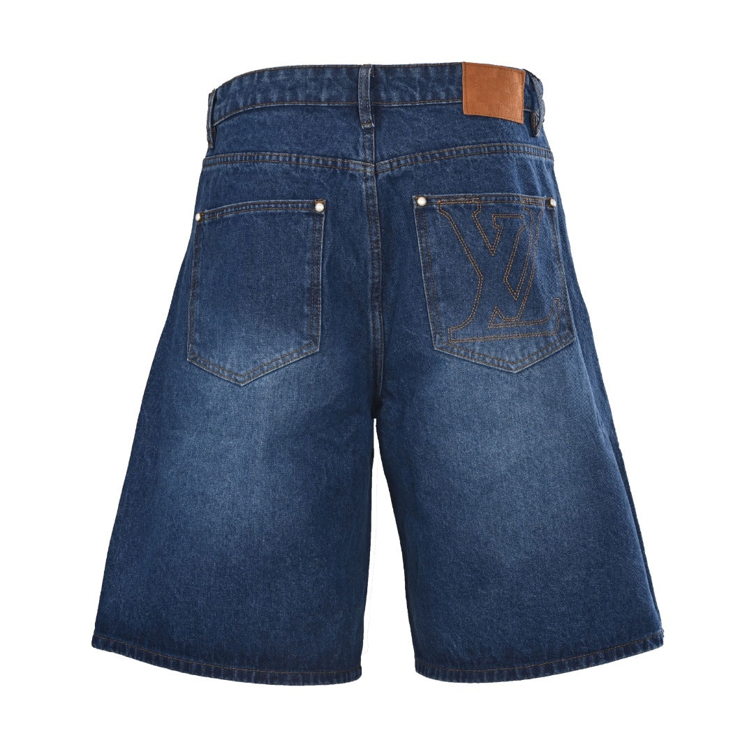 Navy Back-Pocket Embroidered Logo Denim Shorts