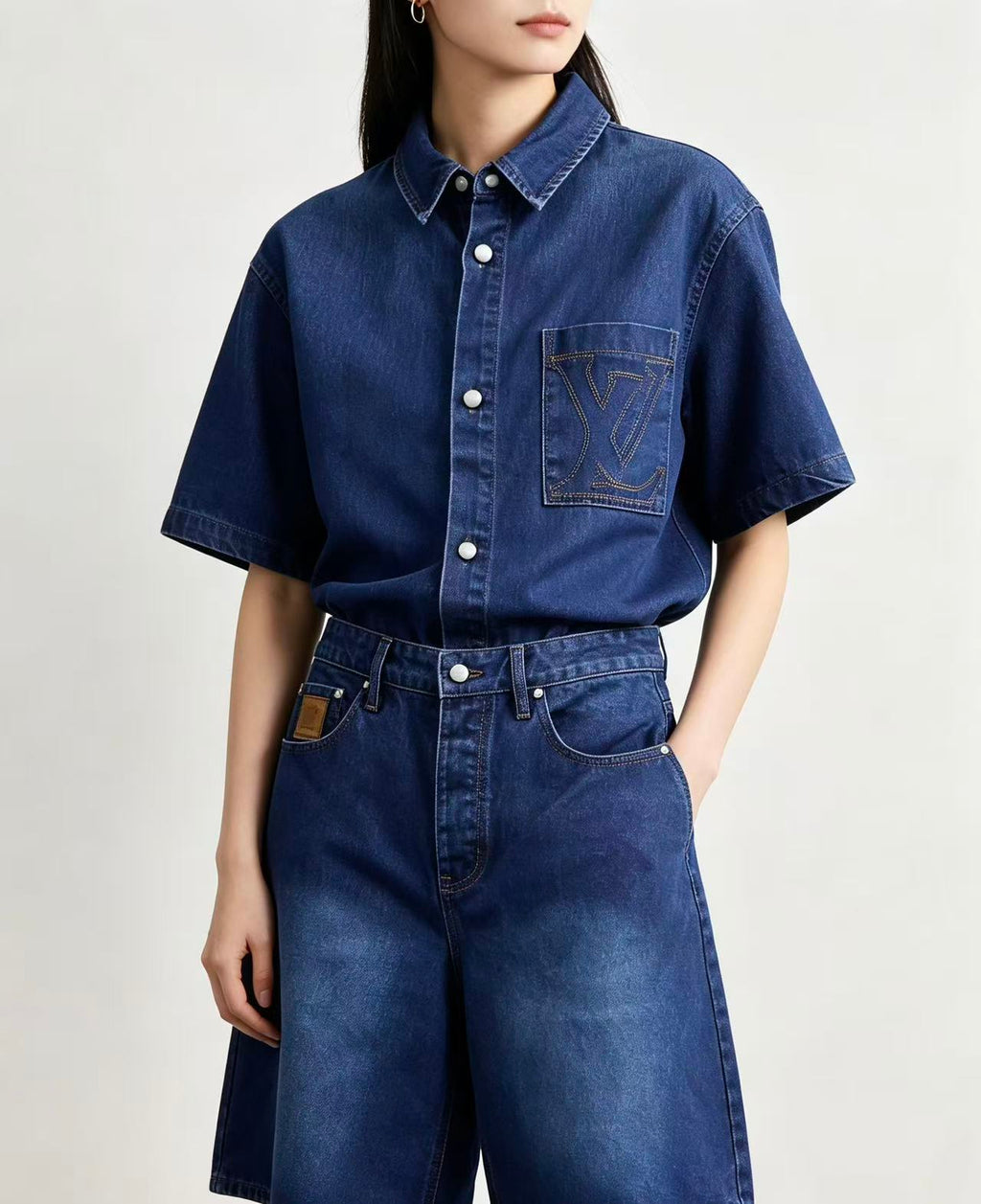 Navy Back-Pocket Embroidered Logo Denim Shorts