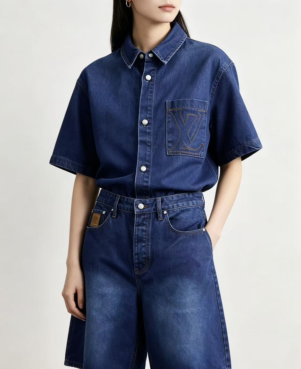 Navy Back-Pocket Embroidered Logo Denim Shorts