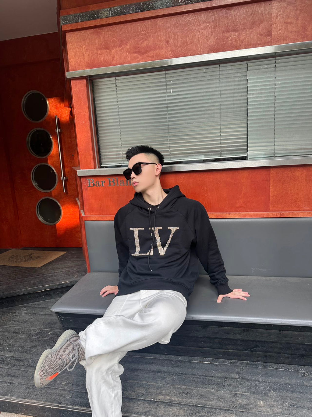 Rhinestone Letter Chest Pullover Hoodie